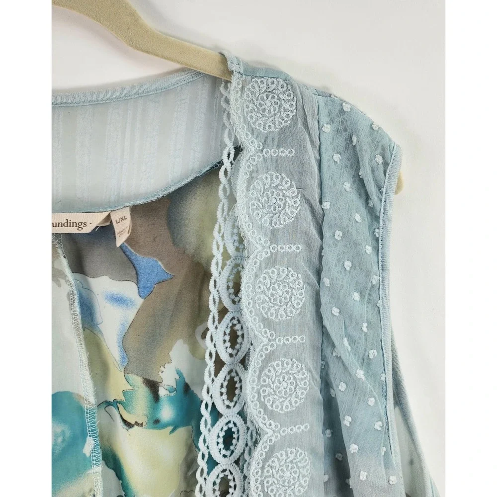 Soft Surroundings Vest Women's L/XL Blue Floral Swiss Dot Boho Romantic